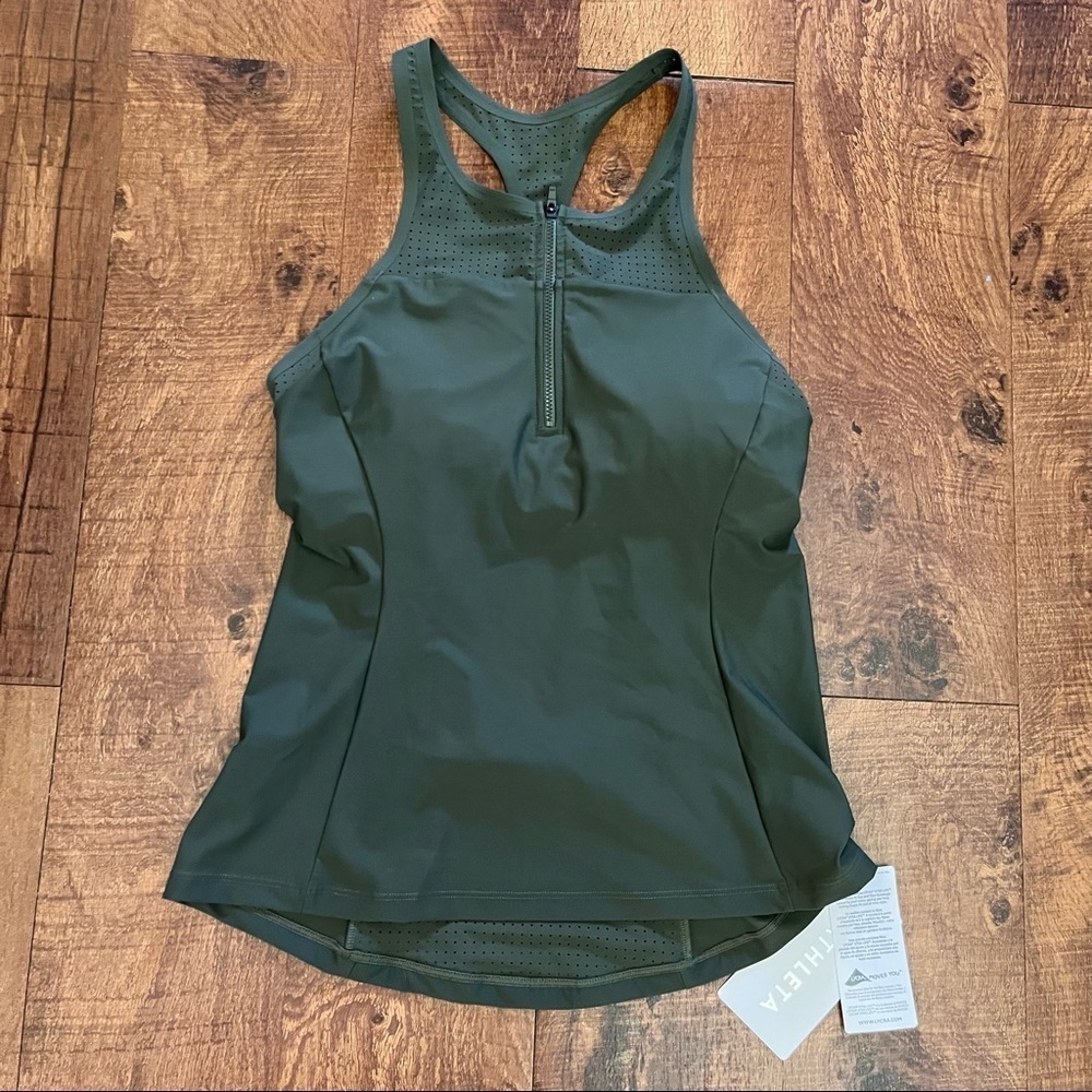 NWT Athleta Bonaire zip front Tankini top Sz small olive green swim bathing suit